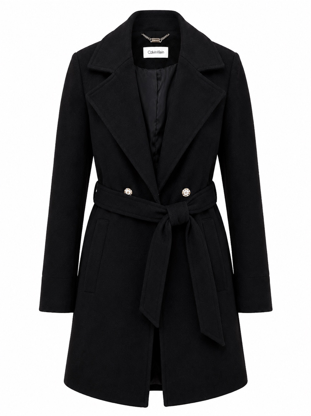 Calvin Klein Black Wool Blend Belted Wrap Coat Oversized Lapel Women’s Size S